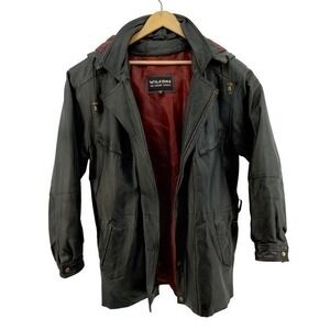 Wilsons Leather Belted Black Jacket Removable Hood Mens Size‎ Medium 90s Y2K